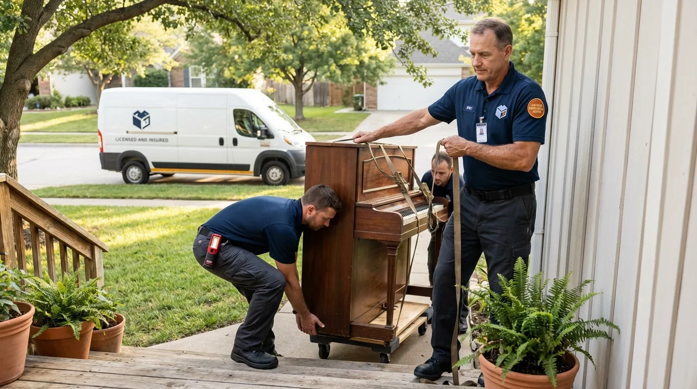 Licensed piano movers securing grand piano in Glenpool, OK